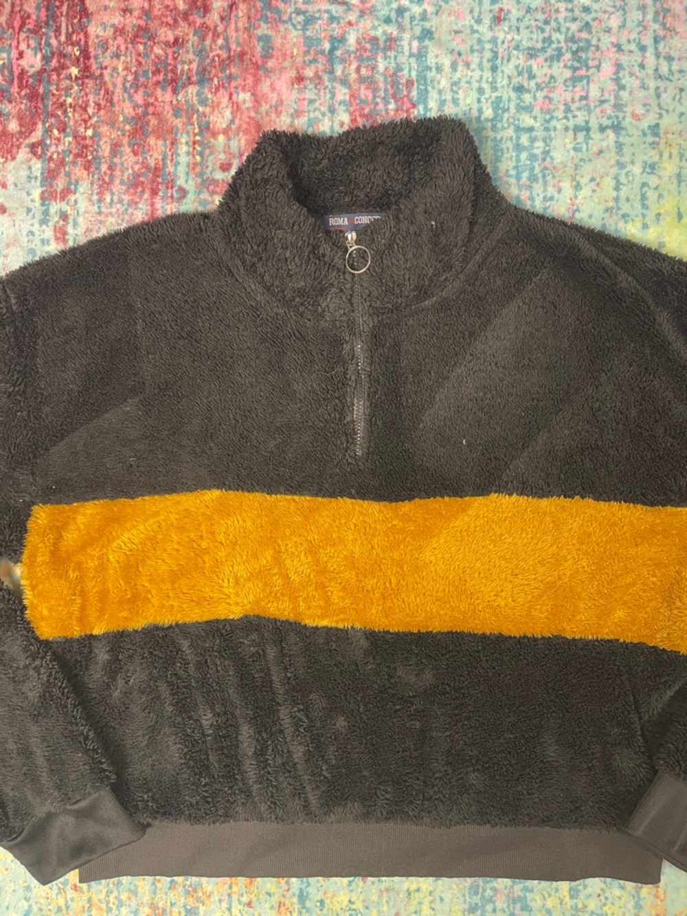 Men's Black Fleece Zip Sweater with Mustard Chest Stripe